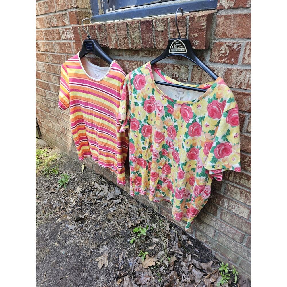 Lot of 2 Women’s T-Shirts XXL 20 Cotton Crewneck Retro Floral Striped Boho Top